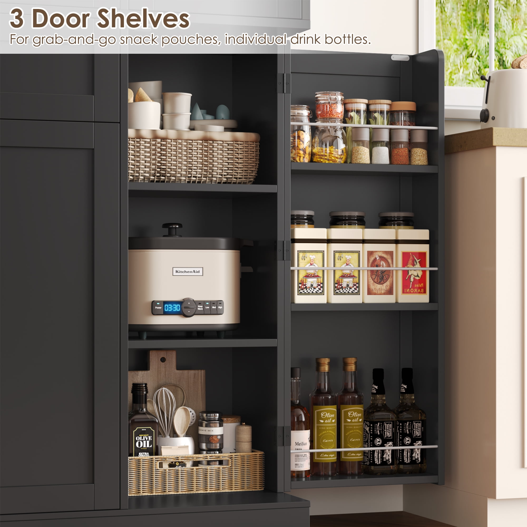 Homfa Kitchen Pantry Storage Cabinet, 68" Food Pantry Cabinet with Drawer and Door Shelf, 6 Door Freestanding Cupboard Buffet for Dining Room, Black