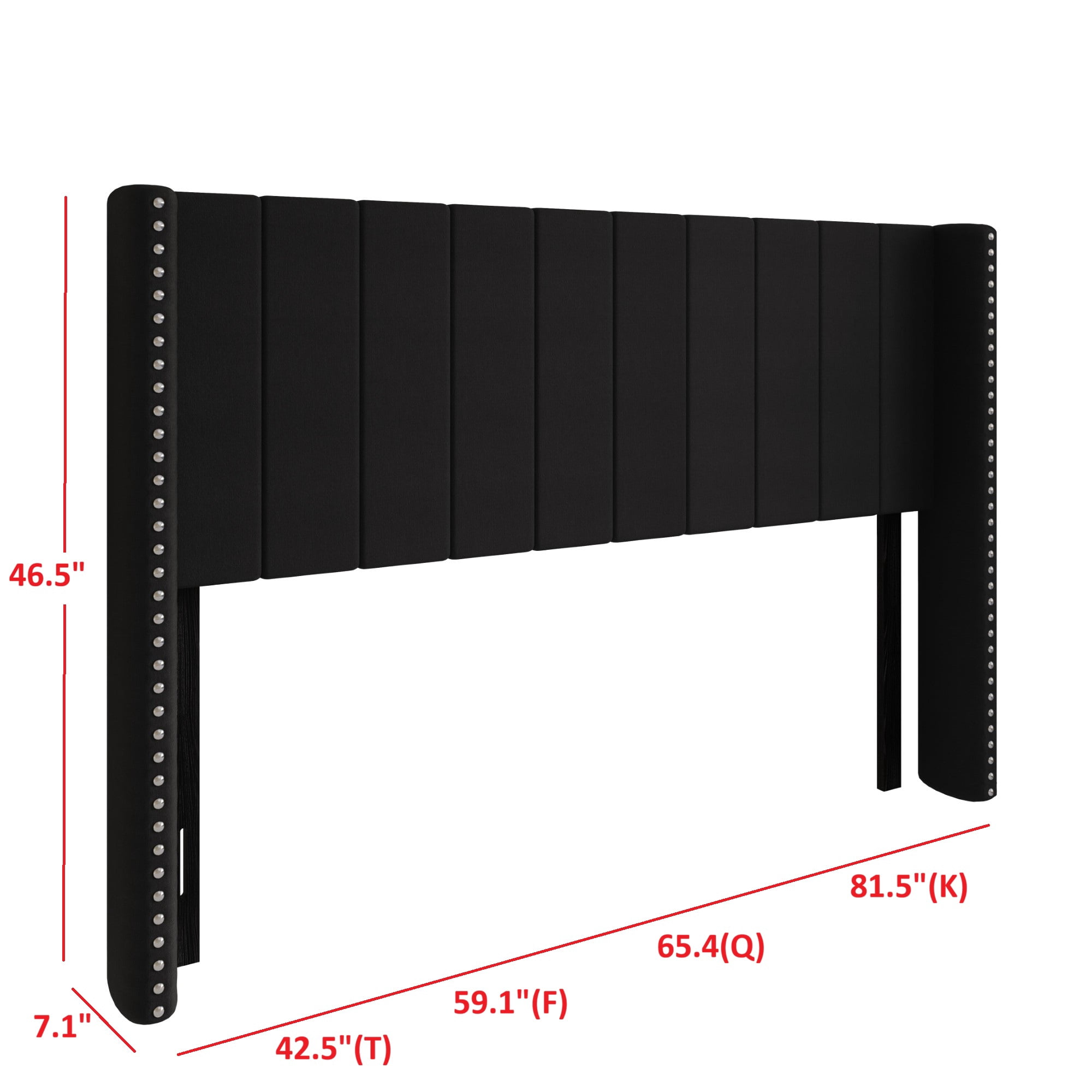 Home Design Ipswich TwinUpholstered Wingback Headboard with Nailhead Trim, Modern Vertical Channel Tufting, Black, Easy Assembly