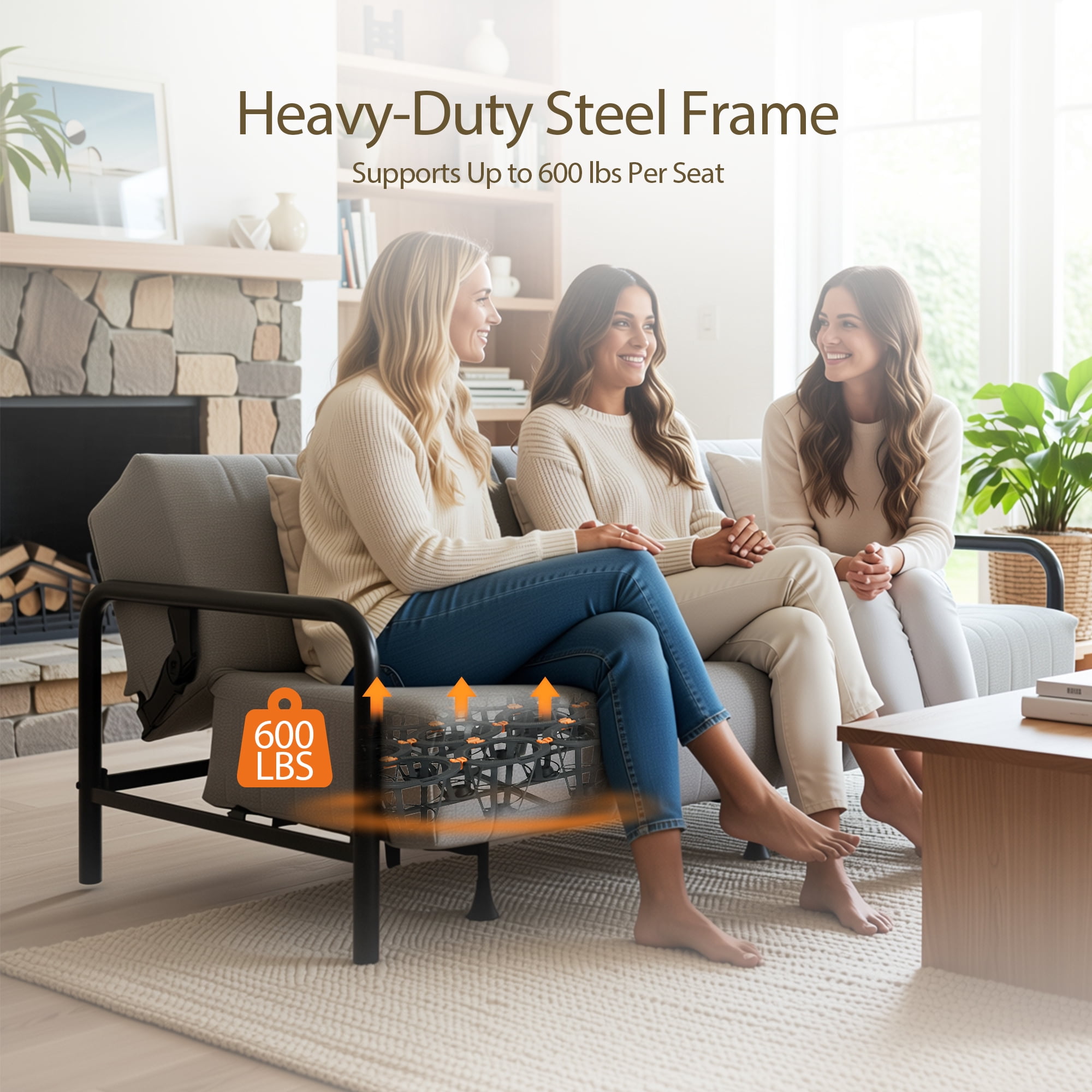 Homy Casa 3-Seat Sofa Bed with Independent Spring Seat & Adjustable Backrest, 600 lbs Capacity