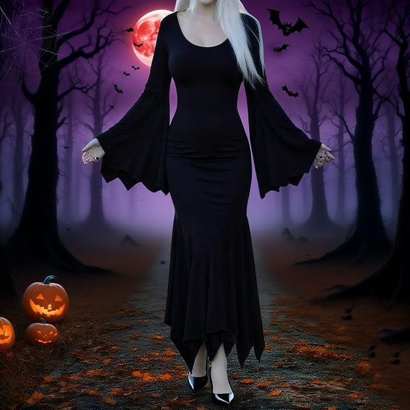 Hvyesh Vampire Long Dress Womens Bat Long Sleeve Gothic Dress Wrap Gothic Witch Dress Witchy Dresses