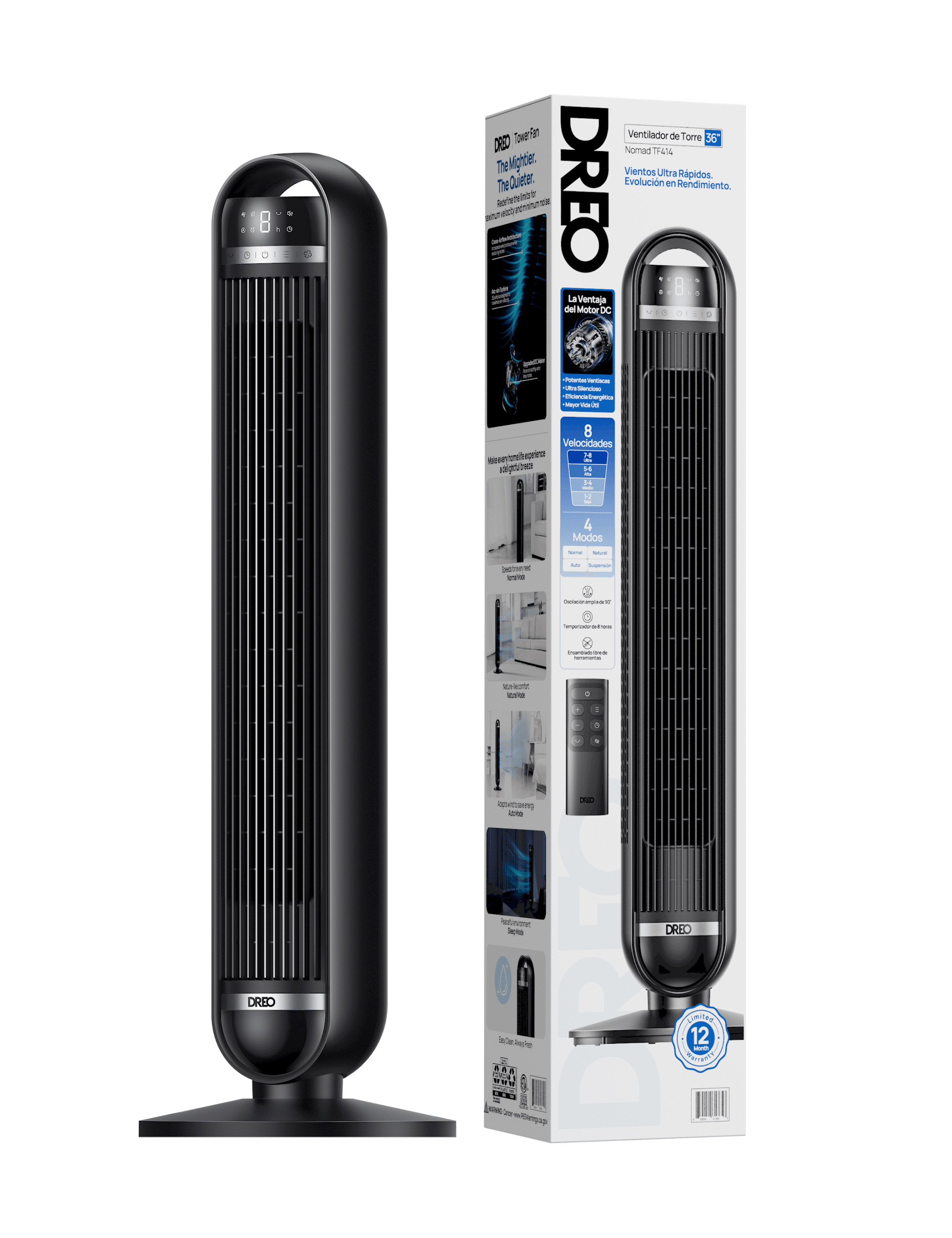 DREO Nomad DC Tower Fan, 27ft/s Velocity, Ultra Quiet Bladeless Floor Fan with 10 Speeds and 4 Modes, 90° Oscillating, Remote Control