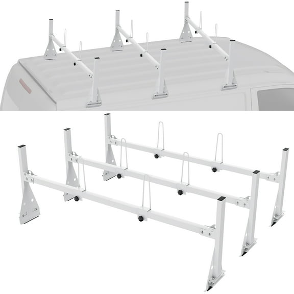 VEVOR Trailer Ladder Rack, 59" Adjustable Roof Rack, 3 Crossbars Van Roof Ladder Rack with Straps, 800 lbs Capacity Steel, Fit for Chevrolet Express 1500 2500 3500/ Ford E150 E250 E350/ GMC Savana