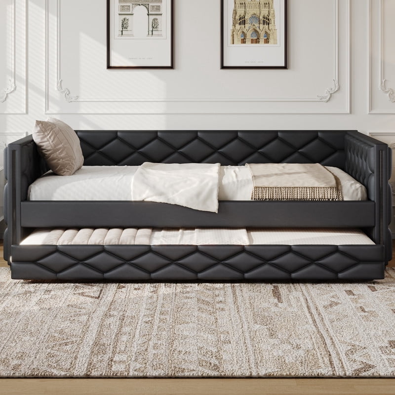 Full XL Size Faux Leather Upholstered Daybed with Twin Size Trundle, Low-Profile Sofa Bed Frame with LED Lighting Armrests