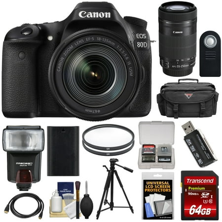 Canon EOS 80D Wi-Fi Digital SLR Camera + 18-135mm IS USM with 55-250mm IS STM Lens + 64GB Card + Battery + Case + Filters + Tripod + Flash + (Best Filter For Canon 18 135 Lens)