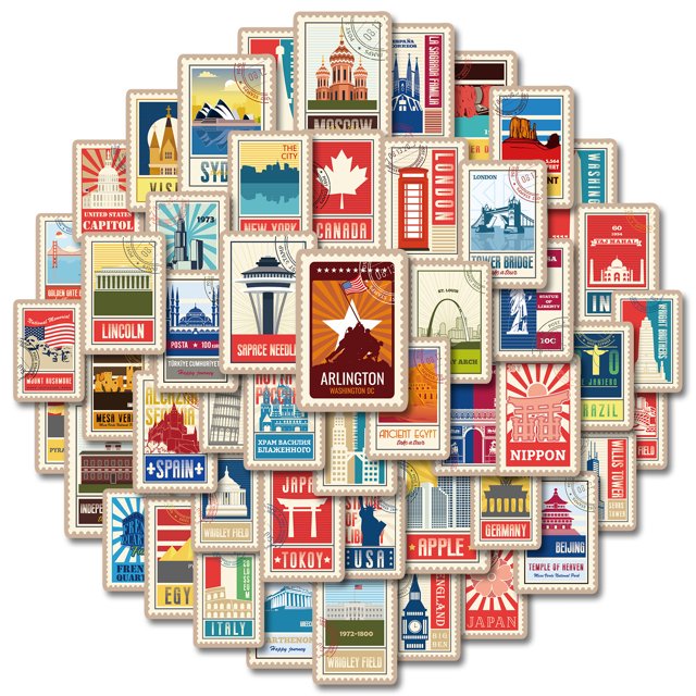 Juego de pegatinas World Landmark, estilo postal vintage, 50 unidades