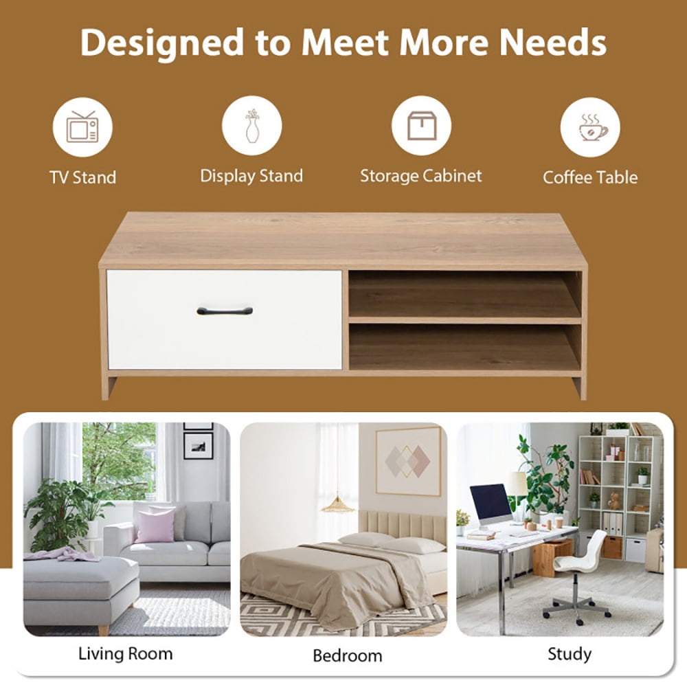 Finihen TV Stand, TV Cabinet, TV Stand for with 2 Open Shelf and Drawer for 55-Inch TV, for Living Room, Bedroom, White & Natural