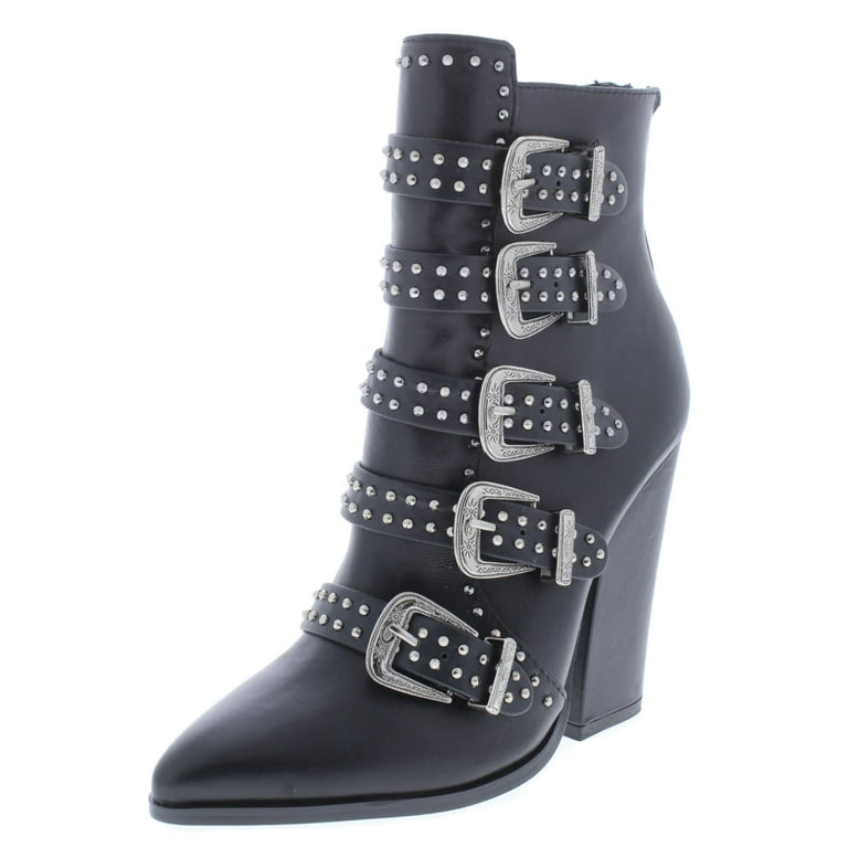 Womens Steve Madden Comet Buckle Studded Ankle Boots Black