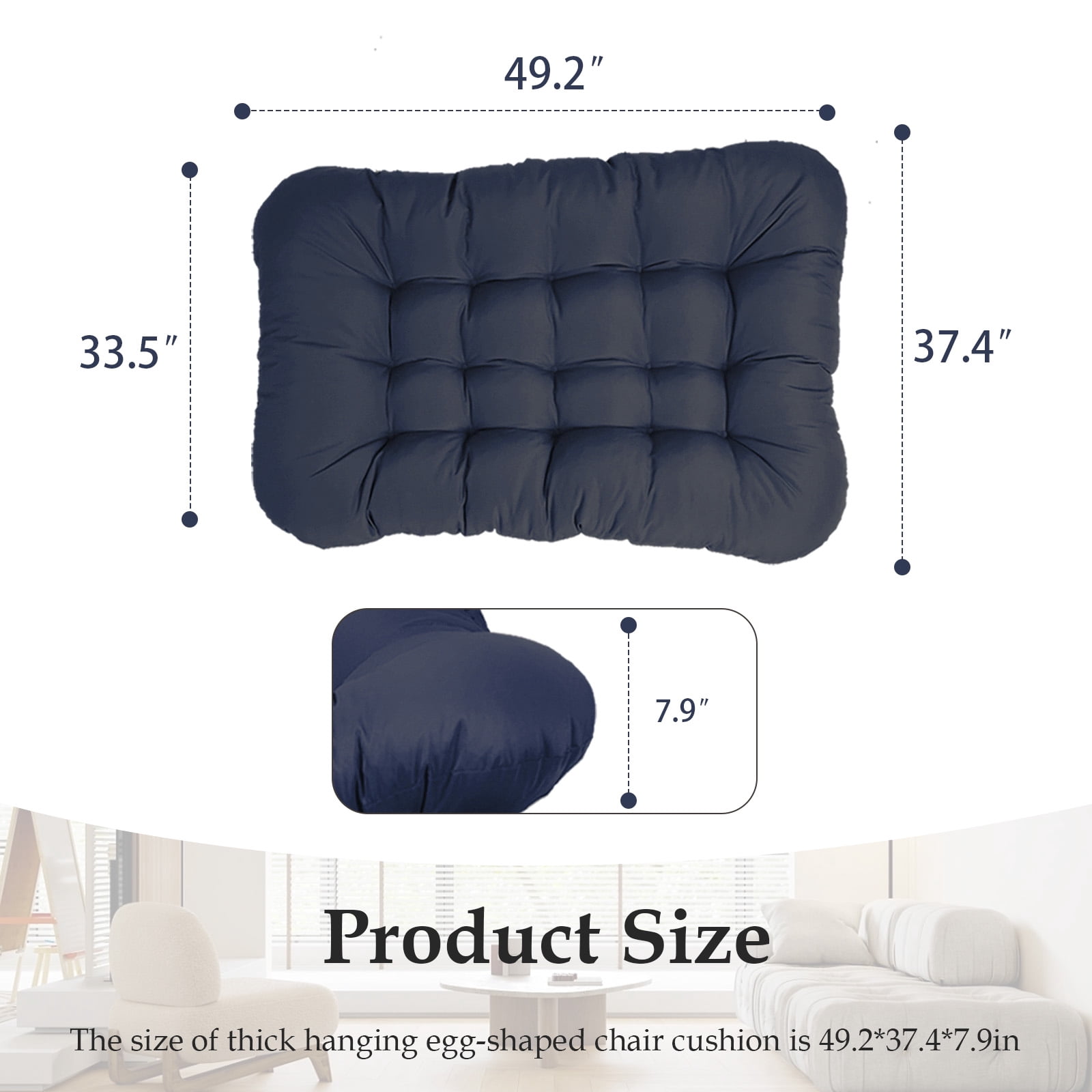 XXLYY Outdoor Egg Chair Cushion Replacement, 7.9”Thick Waterproof Hanging Chair Cushion with Ties for Patio & Porch