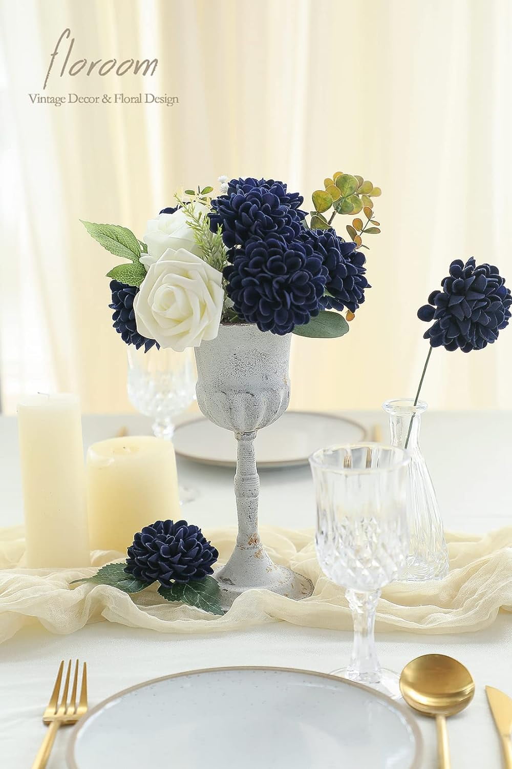 Artificial Dahlia Flowers 25pcs Real Looking Navy Blue Foam Fake Roses with Stems for DIY Wedding Bouquets Bridal Shower Centerpieces Floral Arrangements Party Tables Home Decoration