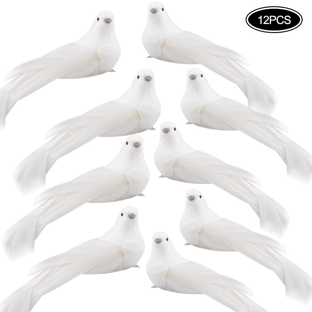 12Pcs White Christmas Bird Ornaments Holiday Birds with Clips Winter