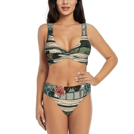 Zeuib Vintage Art Butterfly Flower High Waisted Tummy Control Bikini Set - Knot Front Push Up Top & Cheeky Thong Bottom  Two-Piece Swimsuit for Women-XX-Large