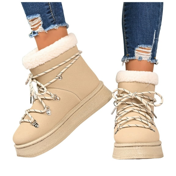Wide Calf Platform Snow Boots for Women Suede Lace up Furry Lined Memory Foam Slip on Round Toe Thickened Plush Winter Booties