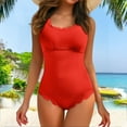 thumbnail image 2 of XUELUO One Piece Swimsuit Women Summer Solid Color Round Neck Ruffled Strappy Sleeveless Ribbed Retro Elastic Slim Swimwear Bathing Suits,Red,XXL, 2 of 6