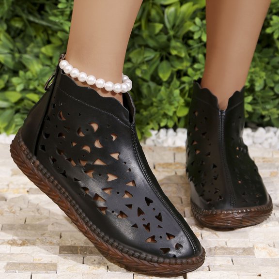 Willtoo Women's Casual Flats Shoes High Top Fashionable Hollow Out Shoes with Back Zipper Breathable Round Toe Soft Sole Comfortable Walking Footwear