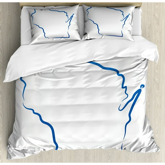 Wisconsin Duvet Cover Set Queen Size, Simplistic Monochrome Outline Stylized Badger State Map on Plain Backdrop, Decorative 3 Piece Bedding Set with 2 Pillow Shams, Cobalt Blue White, by Ambesonne