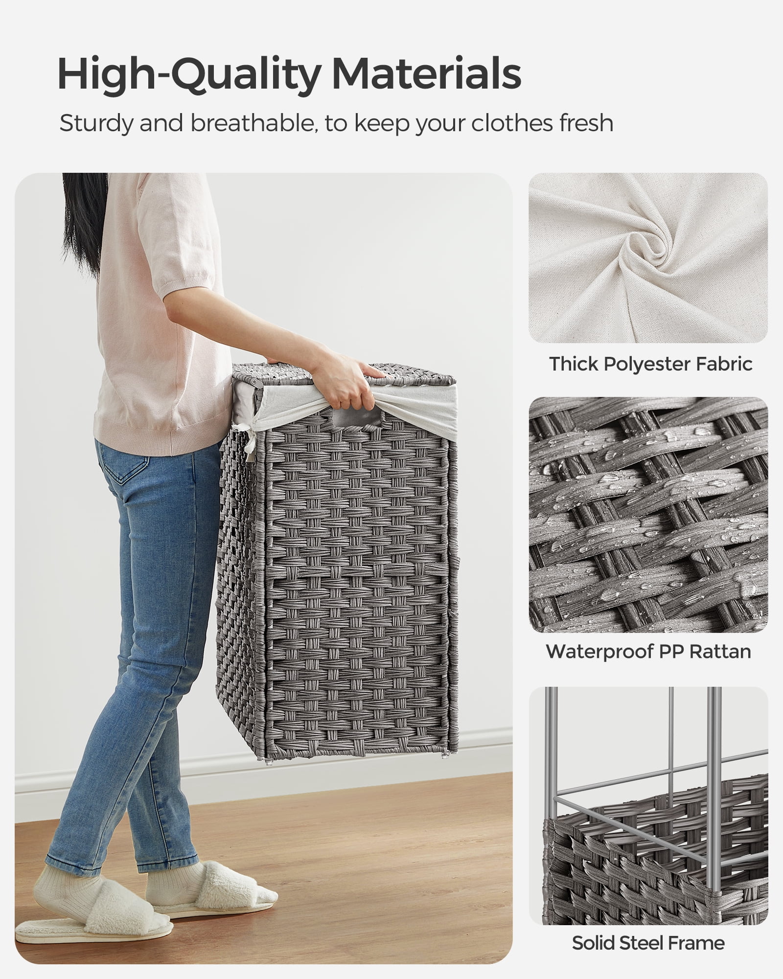 160L Laundry Hamper with Lid Rolling Laundry Basket with Wheels 3-Section Synthetic Rattan Laundry Hamper Removable Liner for Bedroom Gray