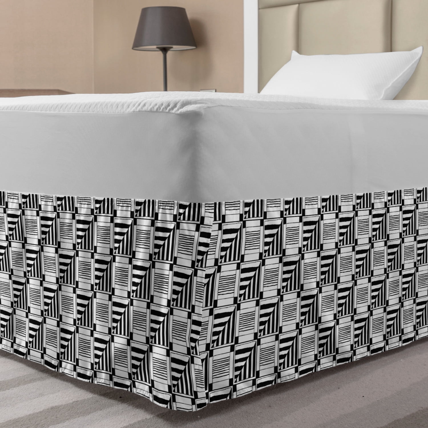 Black and White Bed Skirt, Abstract Composition of Monochrome Geometric
