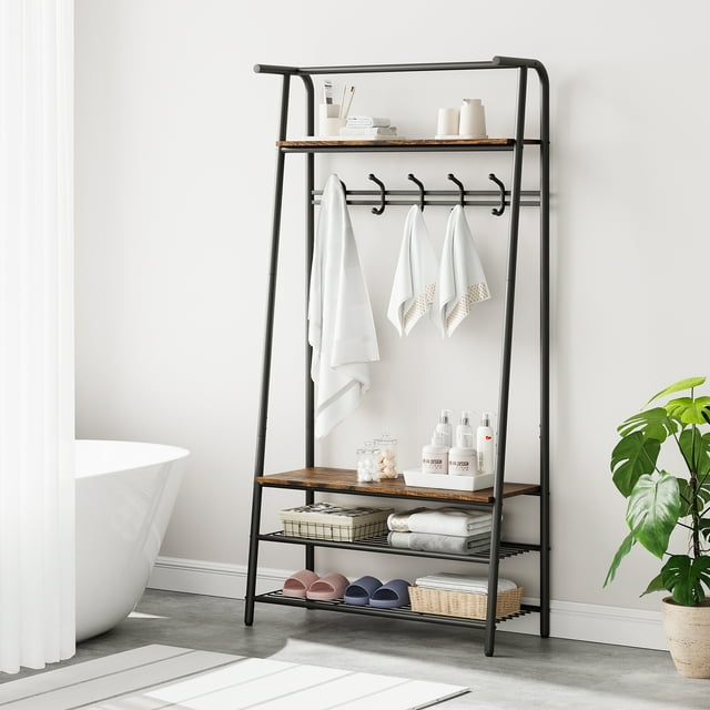 COZONY Coat Rack with Shoe Bench, 4-in-1 Hall Tree W/ 5 Hooks, Entryway Bench with Coat Rack, Sturdy Steel Frame, Versatile Furniture for Bedroom, Living Room, Apartment, 31.5"W,Brown