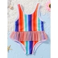 thumbnail image 3 of Liacowi Toddler Girl One-Piece Swimsuits Bikini Sweet Rainbow Striped Print Sleeveless Ruffled Beachwear Summer, 3 of 8