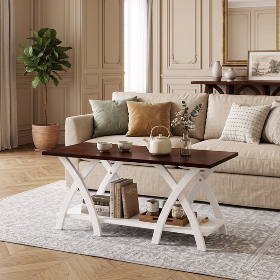 40" Farmhouse Coffee Table with Storage Shelf & X Shape Frame, Wooden 2-Tier Center Table for Living Room,Walnut