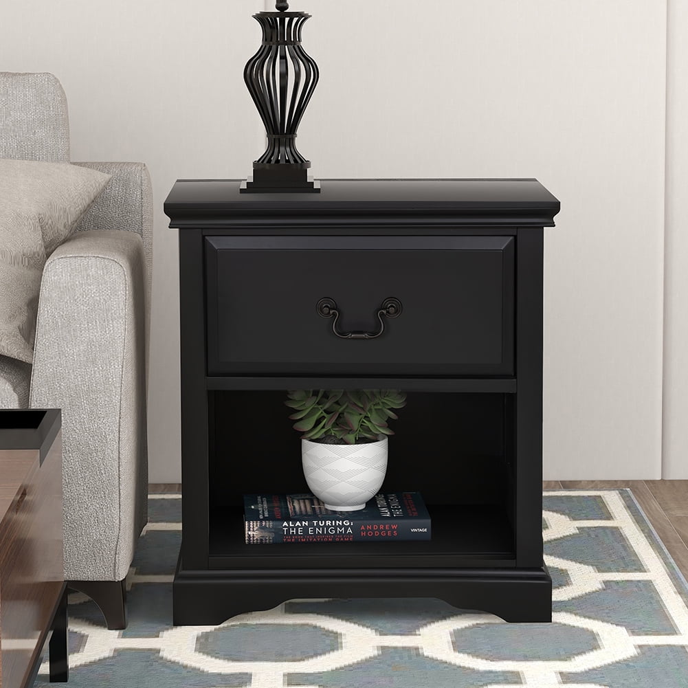 Lowestbest Modern Solid Wood Bedside Table, Living Room Side Table Coffee Table with 1 Drawer, Black Lowestbest Modern Solid Wood Bedside Table, Living Room Side Table Coffee Table with 1 Drawer, Black