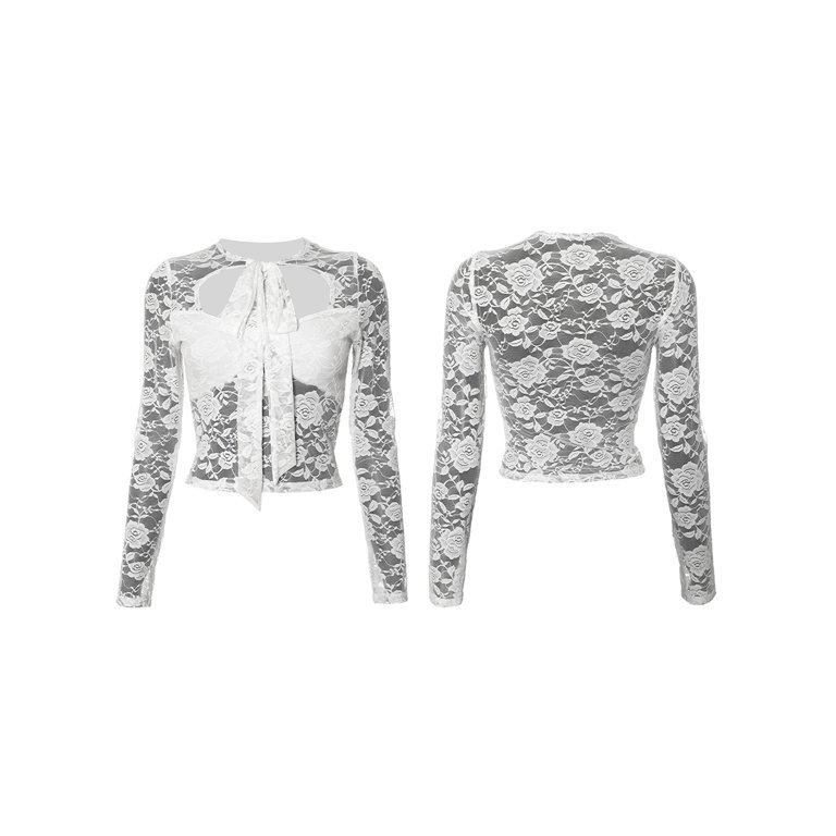 Loliuicca Womens Sheer Floral Lace Tops Lacing Bow Cut-out Loliuicca Womens Sheer Floral Lace Tops Lacing Bow Cut-out