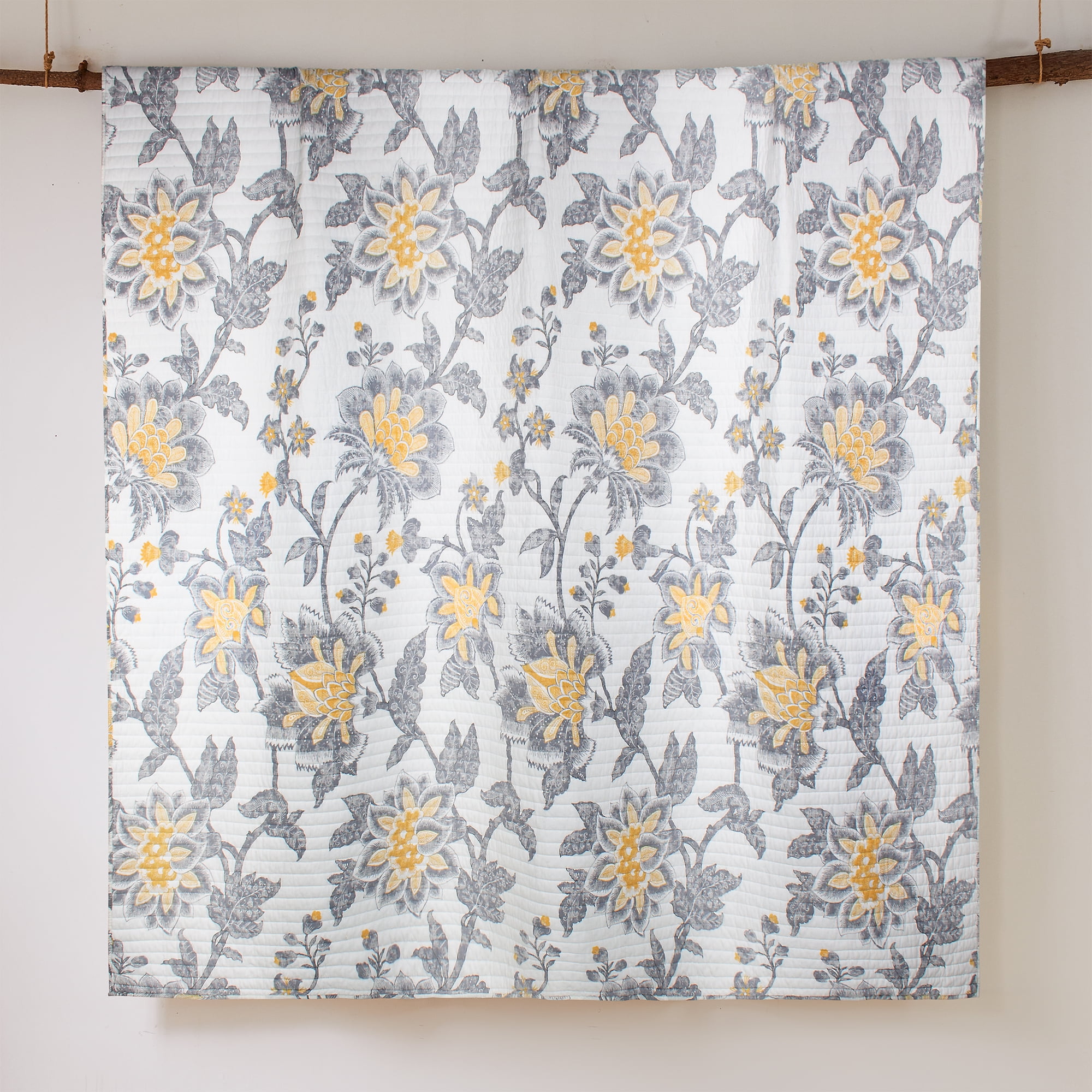 Levtex Home - Reverie Quilt Set - Full/Queen Quilt + Two Standard Pillow Shams - Floral - Yellow, Grey, and White - Quilt Size (88x92in.) and Pillow Sham Size (26x20in.) - Reversible - Cotton Fabric