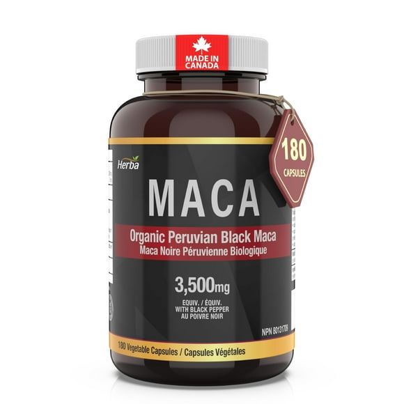 Herba Organic Black Maca Root for Men 3500mg – 180 Capsules | Sourced from Peru | 10:1 Extract with Black Pepper | Premium Black Maca Root Capsules for Men & Women | Made in Canada