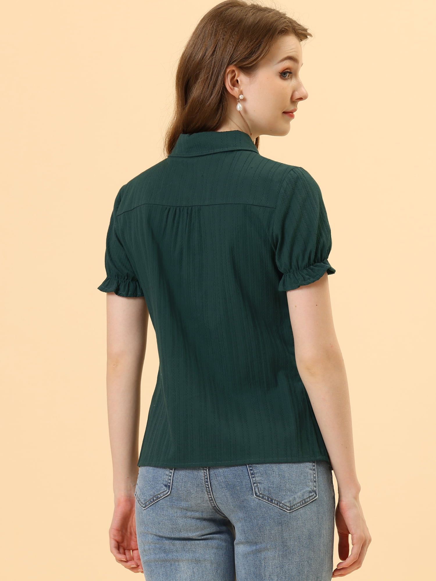 DARING DIVA Women's Cotton Frilled Peter Pan Collar Blouse L Dark Green