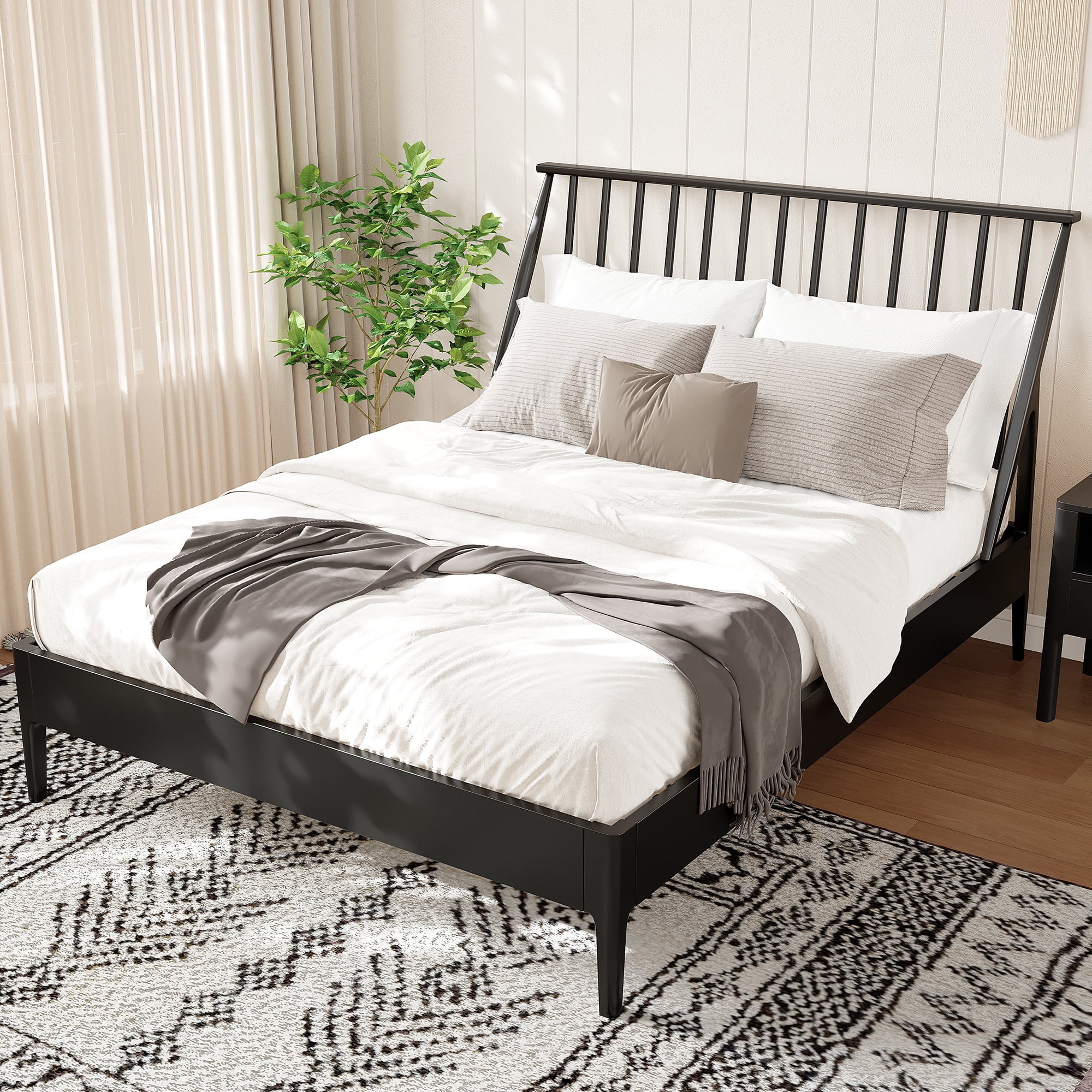 Euroco Bamboo Wood Spindle King Size Platform Bed with Tall Headboard, Bohemian Bed Frame with Wooden Slats and Metal Support, Mid-Century Modern Style, Black