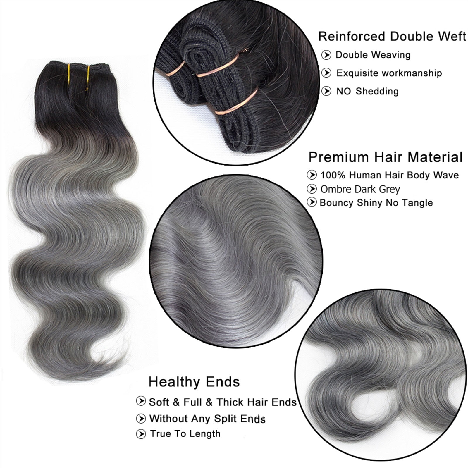 Grey Weave Human Hair Bundles 2/3/4 Bundle 1B Dark Grey Body Wave Ombre Remy Human Hair Weave Extensions 10-22 Inch Quality Soft Hair