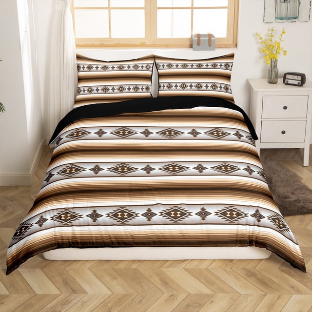Housse de Couette Style Rustique Lodge Cabane Simple Ensembles de Literie Western Boho Bohème à Rayures Aztèques Housse de Couette pour Enfants Adultes Hommes Rétro Brun Campagnard Ensemble de Lit Ferme Déco Maison Fermeture Éclair 2 Pcs (Sans Couette)