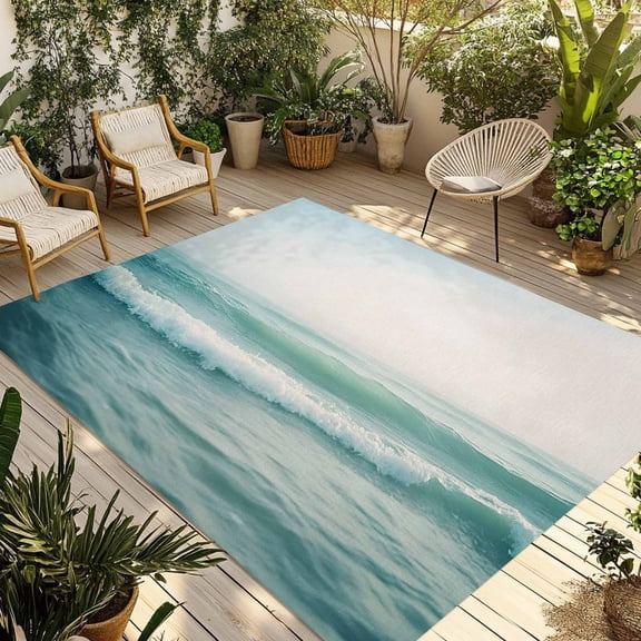 Fsddascl Turquoise Seaside Outdoor Rug for Patio/Deck/Porch, Non-Slip Large Area Rug 4 x 6 Ft, Summer Beach Ocean Coastal Indoor Outdoor Rugs Washable Area Rugs, Reversible Camping Rug Carpet Runner