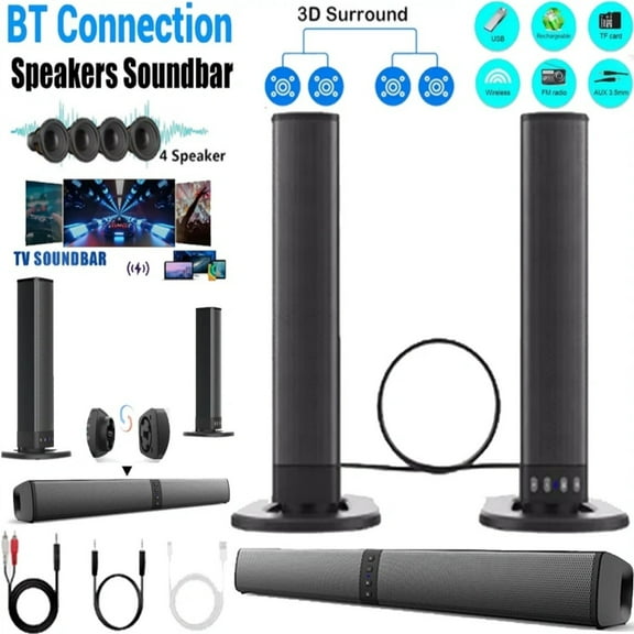 Separable All-in-One Home Theater Sound Bar, Surround Sound System TV Soundbar with 4pcs 5W Magnetic Speakers and 1pc Echo Tube, Supports Wireless, AUX Connection for PC/Gaming/Projectors, TWS, Black