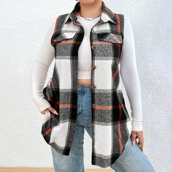 2025 Women's Fall Flannel Plaid Vest Tops - Sleeveless Long Single Breasted Casual Fashion Jackets with Pockets Gray XL