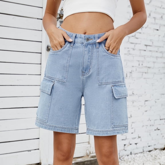 Xaqiouau Women's Solid High Waisted Denim Cargo Shorts with Pockets Loose Fit Casual Summer Daily Wear Streetwear Jean Shorts
