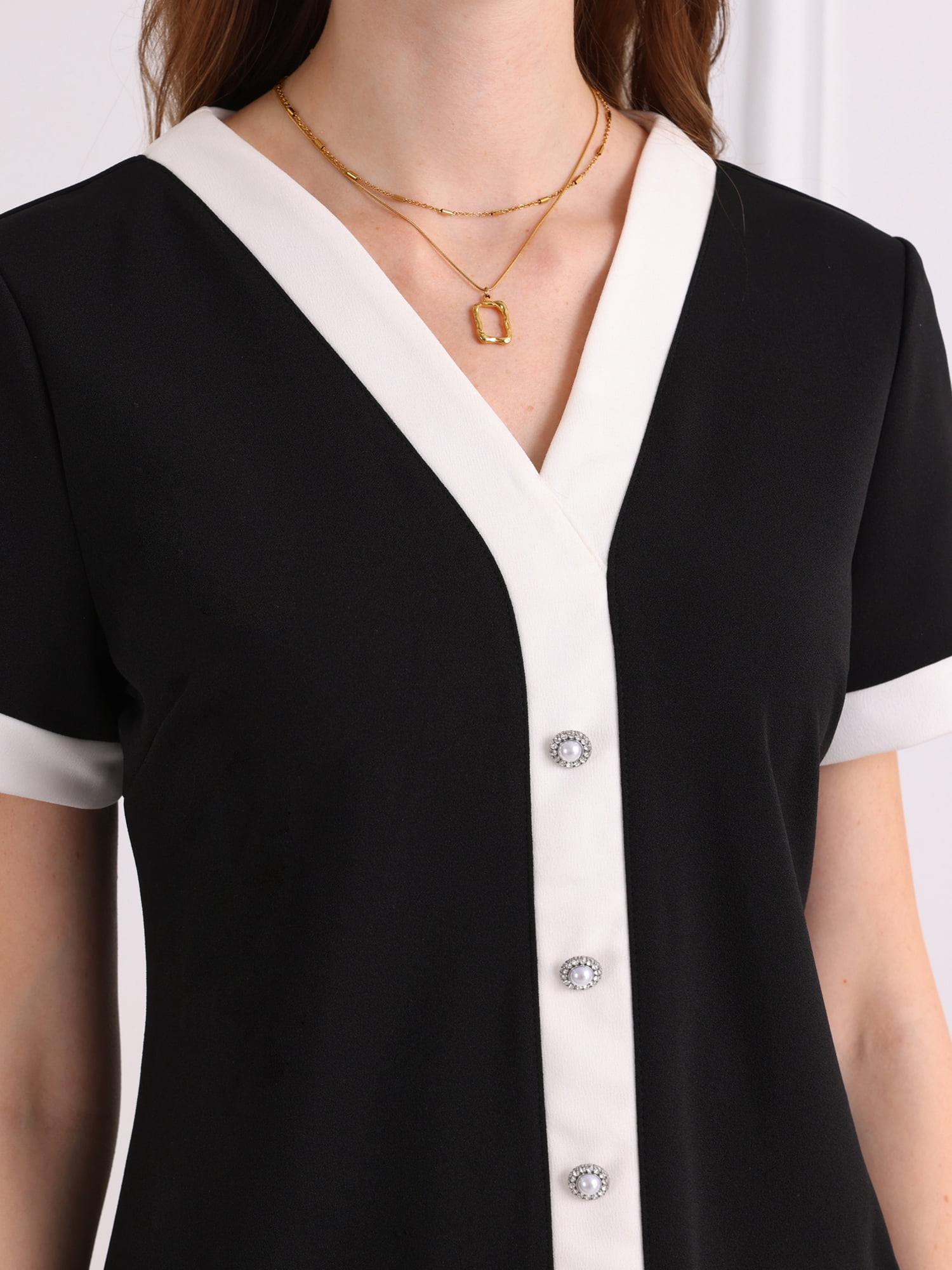 DARING DIVA V Neck A-Line Contrast Color Short Sleeve Trendy Dress M Black