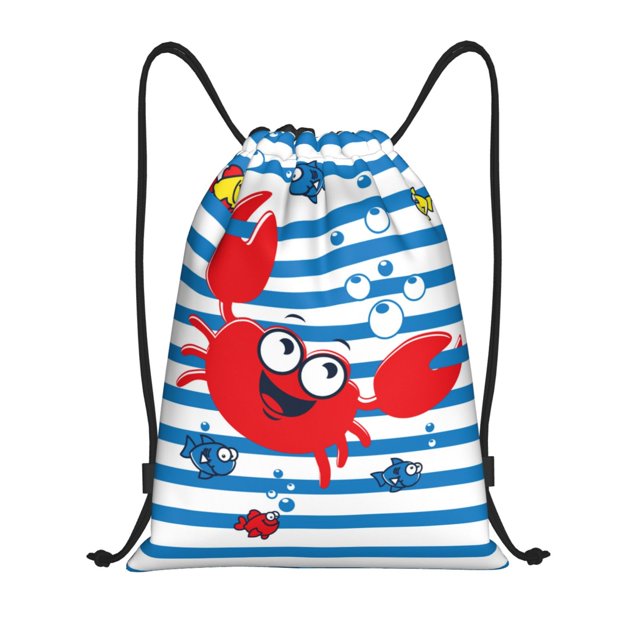 Fotbe Red Funny Crab on Blue Stripe Bolsa Mochila con Cordón Estampada, Bolsa de Gimnasio Deportiva, Bolsa Cinch, Bolsa con Cordón para Hombres y Mujeres-Medium