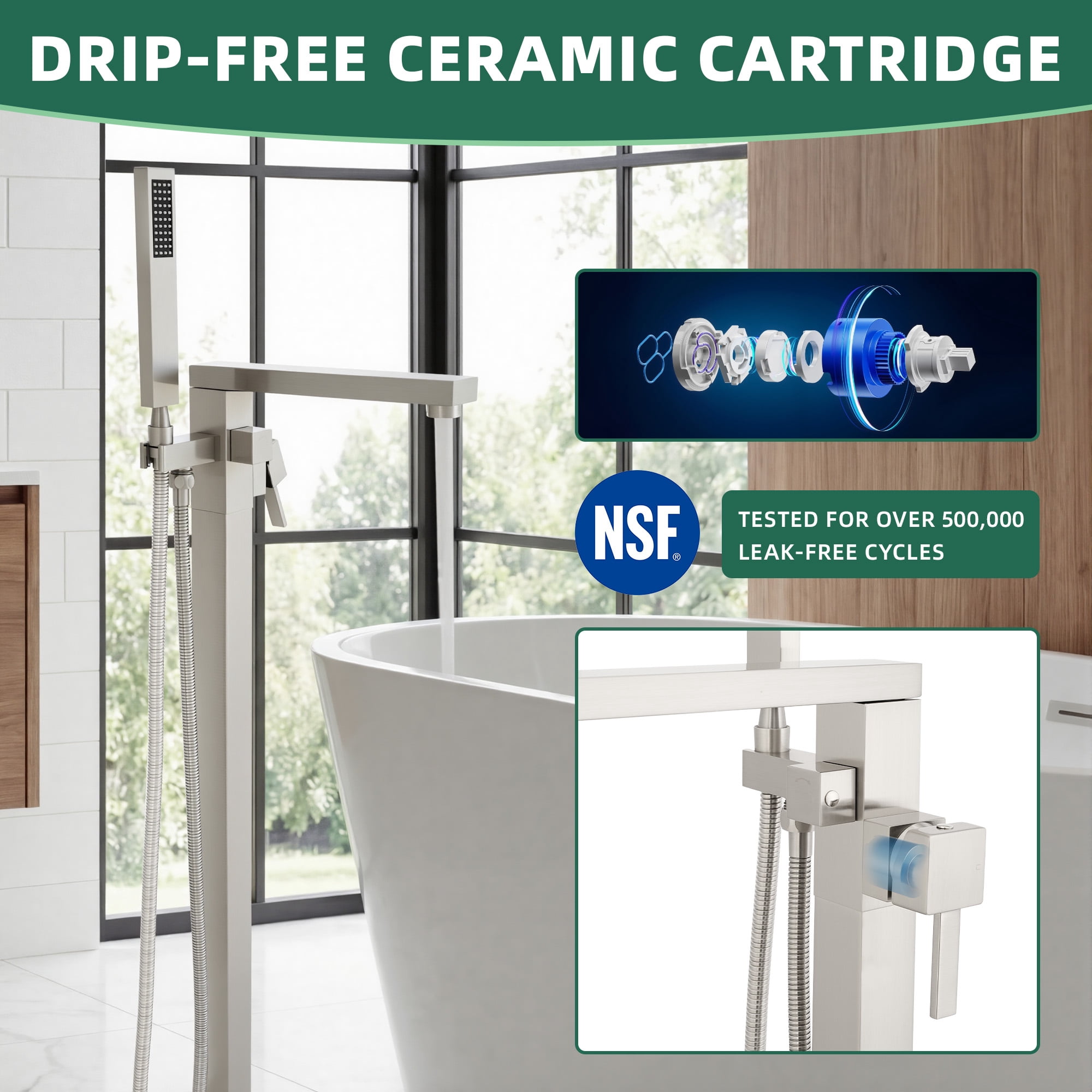Free Standing Tub Faucet, 360°Swivel High Flow Freestanding Bathtub Faucet with Handheld Shower, Brass Body Tub Filler for Modern Bathroom, Brushed Nickel