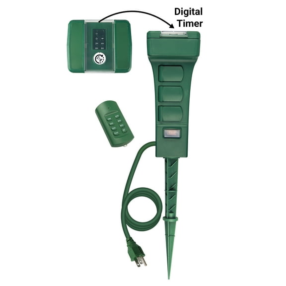 Hyper Tough 6-Outlet Outdoor Stake Timer with Remote Control, 6FT Cord, 13 Amps, Green