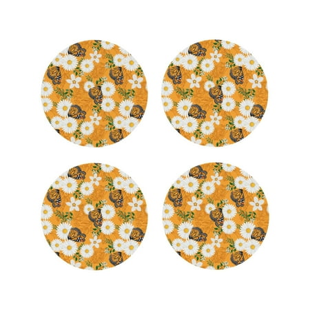 

Drink Coasters Set of 4 White Floral and Butterflies Leather Coasters for Coffee Table Protector Heat Resistant Cute Coasters for Home Decor Housewarming Gifts Bar Kitchen 4 Inch Round Shape