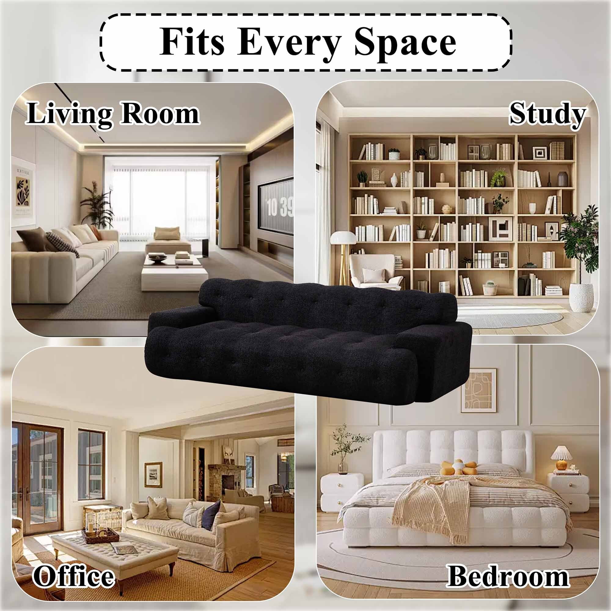 Lunale Boneless Cloud Sofa, No Assembly Required, Modern 3-Seater Chenille Couch for Living Room, Black