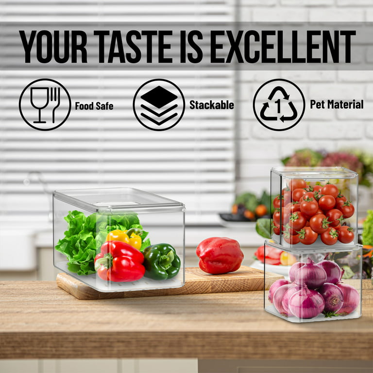 Wavelux Produce Saver Containers for Refrigerator, Food Fruit Vegetables Storage, 3 Pcs Stackable Freezer Fridge Organizer, Fresh Keeper Drawer Bin