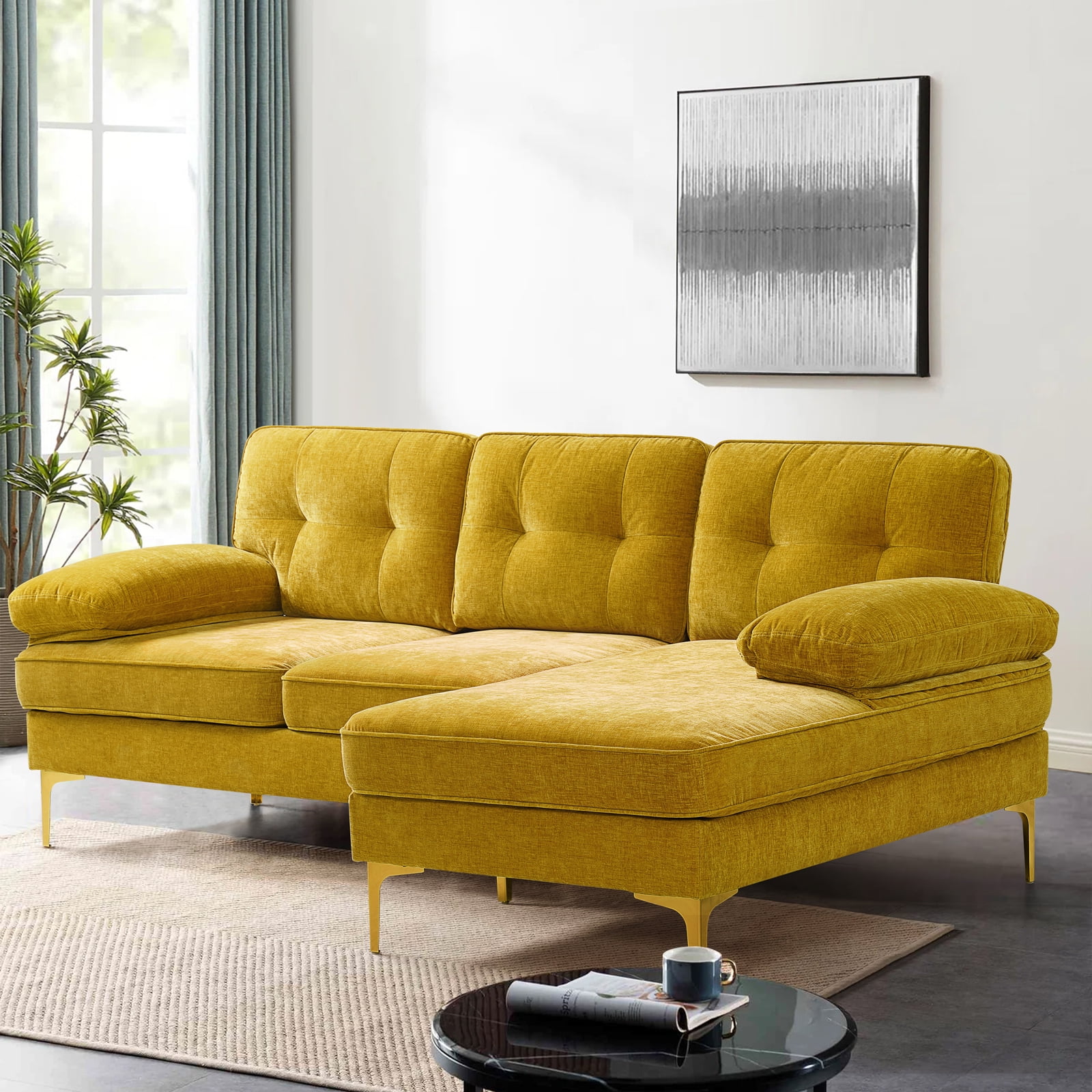 MERITLIFE 4Piece Modular Sectional, Textured Yellow Fabric,Modern
