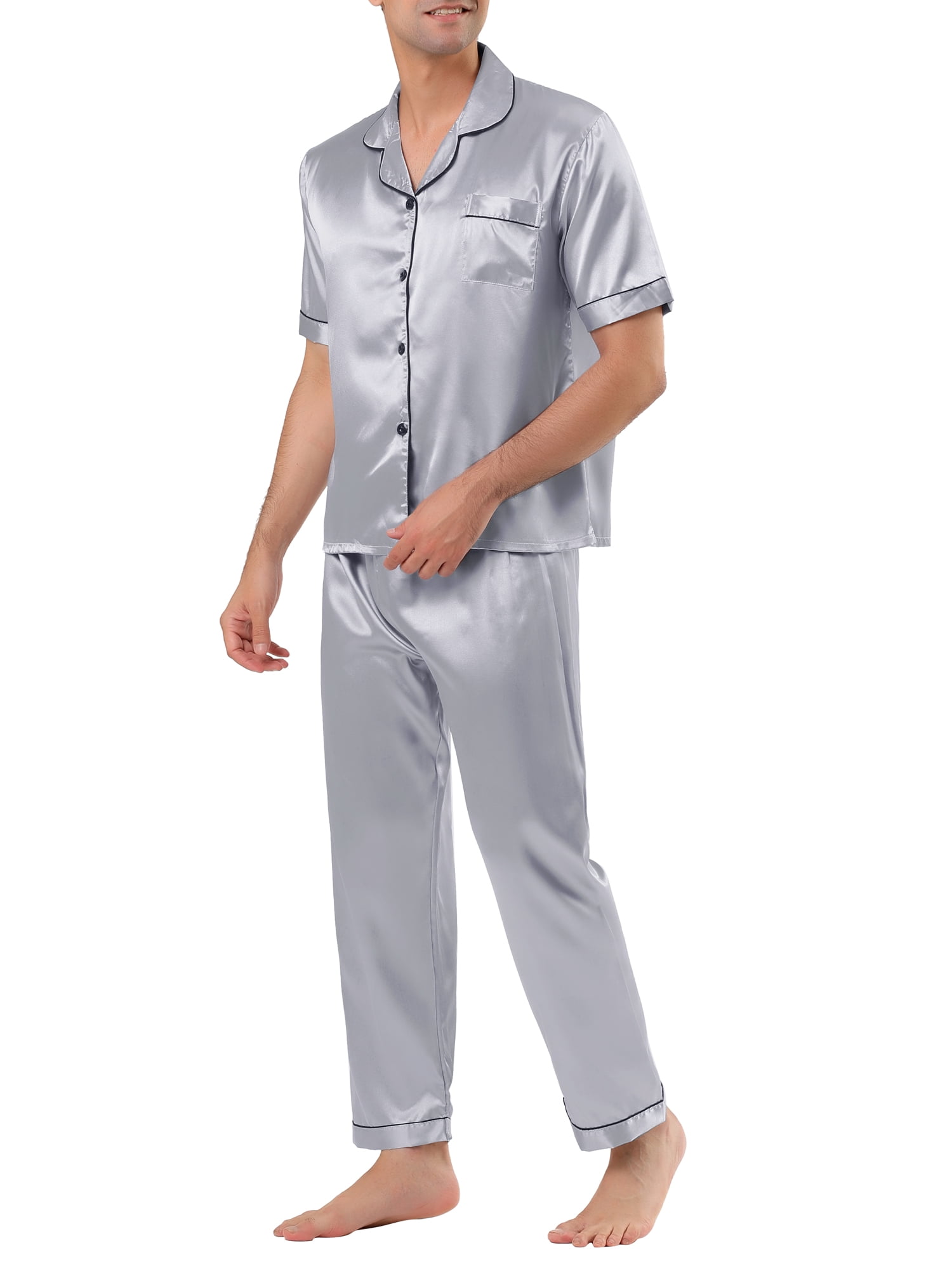 Unique Bargains Men's Button Down Satin Pajama Sets Short Sleeves Nightwear Small Gray
