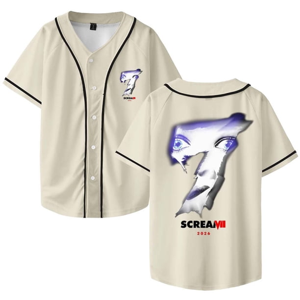 Scream 7 Merch Baseball Jersey Camisa V-Cuello Mujeres Hombres Manga Corta Ropa de Calle,Beige,S
