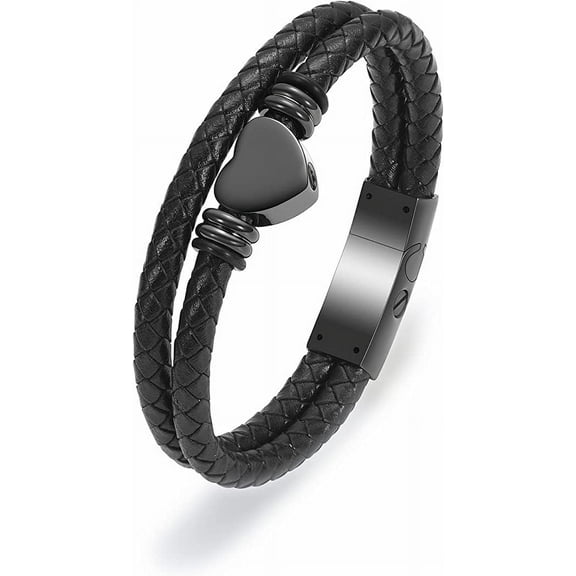 Heart Urn Cremation Bracelet with Magnetic Clasp Beads Cowhide Multi-Layer Braided Leather Urn Bracelet for Men Women