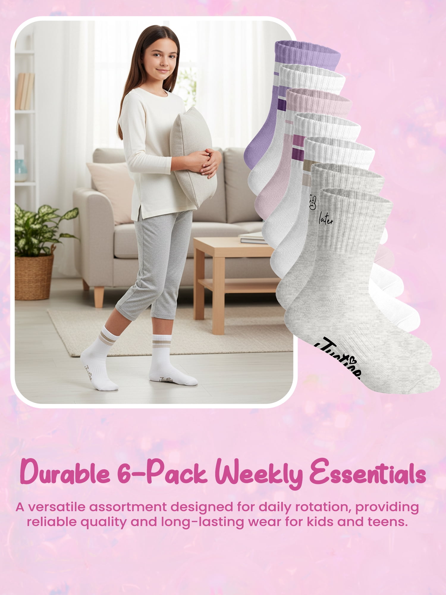 Justice Mid Crew Socks for Girls, Stylish Kids Socks for Daily Wear, 6 pk Grey Multi Color