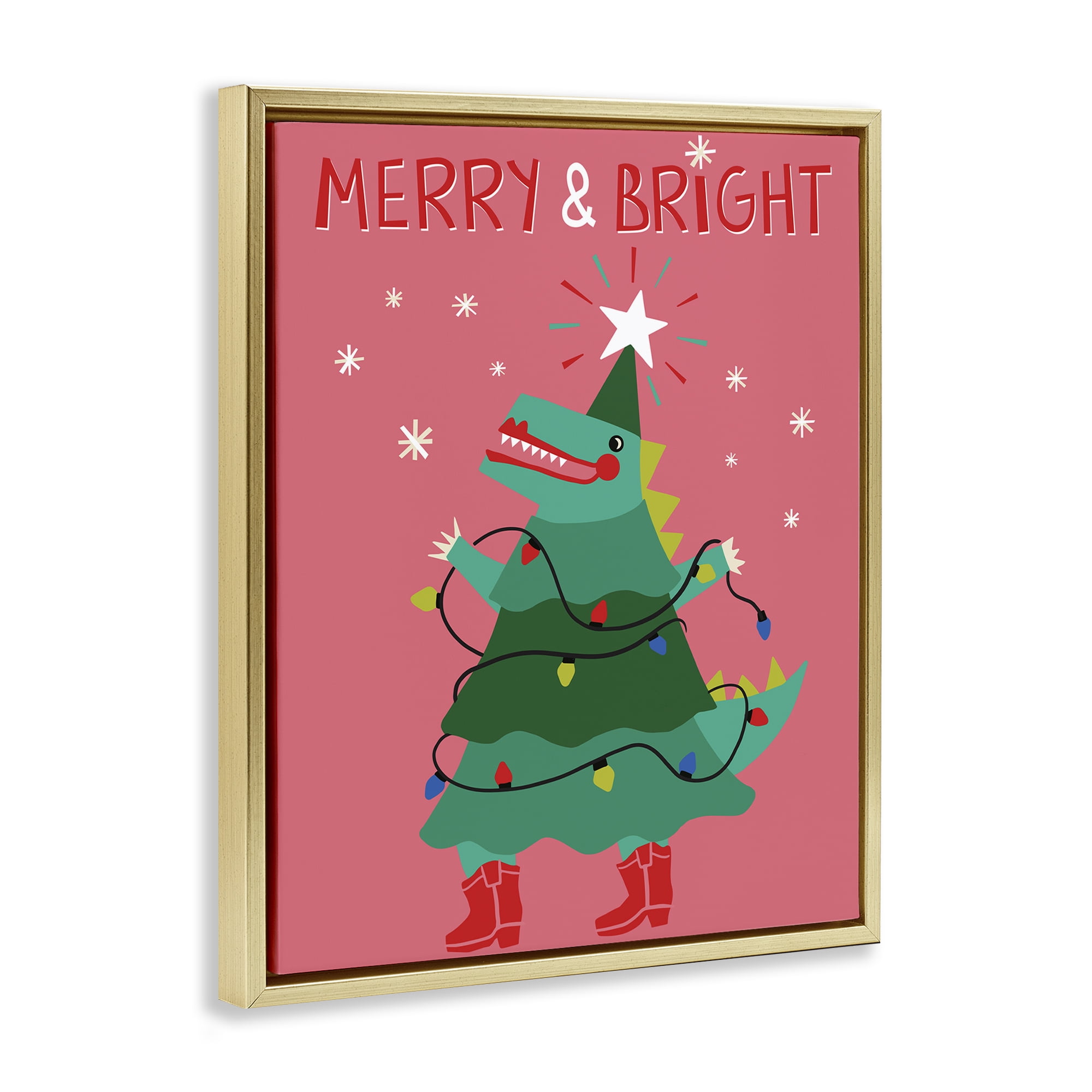 Stupell Industries Merry and Bright Dinosaur Holiday Painting Gold Floater Framed Canvas Art Prints Wall Art, 17 x 21