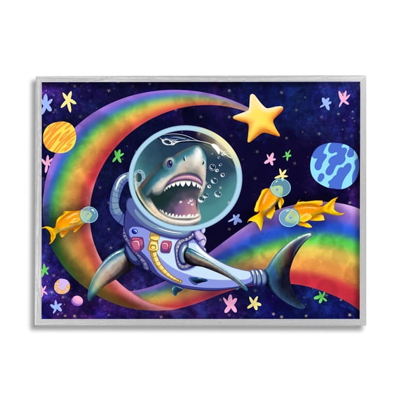 Stupell Industries Shark in Outer Space Animals & Insects Painting Gray Framed Art Print Wall Art, 30 x 24